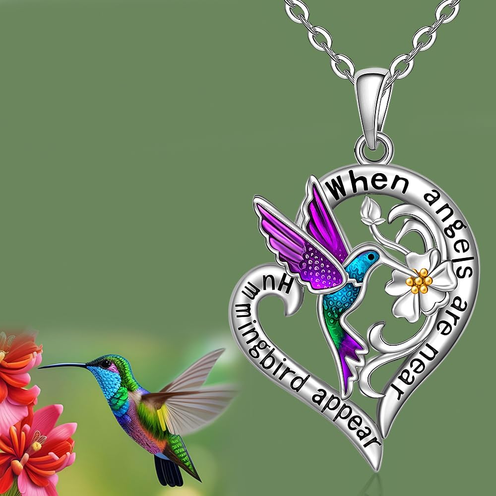 Fenthring Hummingbird Necklace Hummingbird Necklaces for Women Sterling Silver 925 Flower Purple Blue Hummingbirds Heart Pendant Jewelry Memorial Mothers Day Christmas Gifts - Image 5