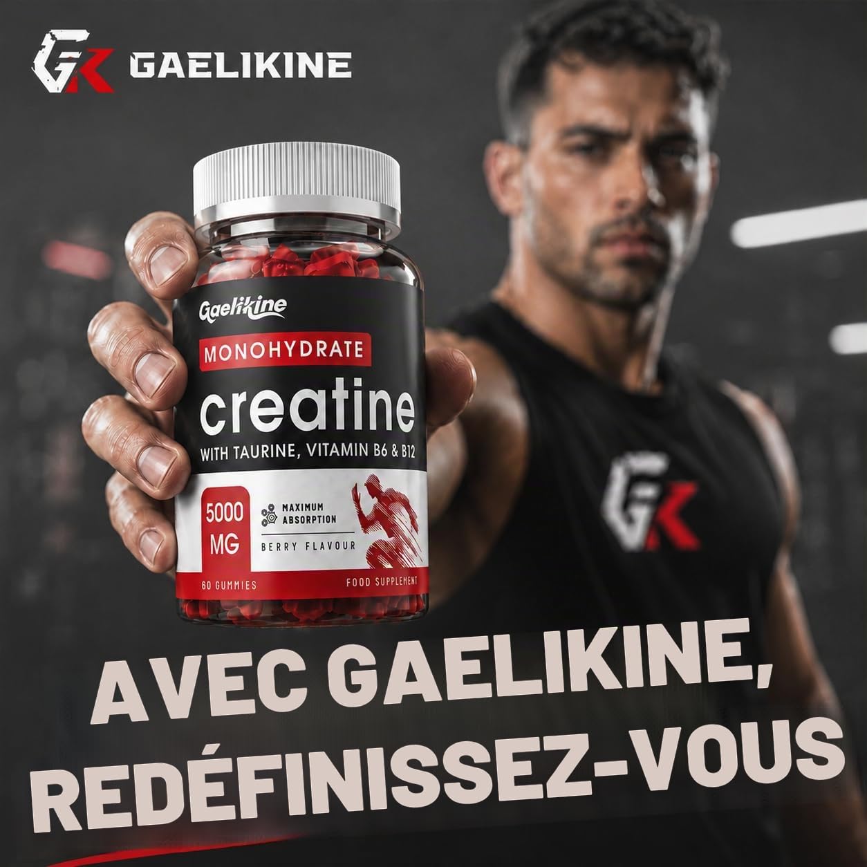 Bonbons Gélifiés à la Créatine Monohydrate 5000mg, Créatine à Haute Dose avec Taurine, Vitamines B12 et B6, Alternative aux Capsules et Poudres de Créatine, Végétalien, 60 Unité (Lot de 2)