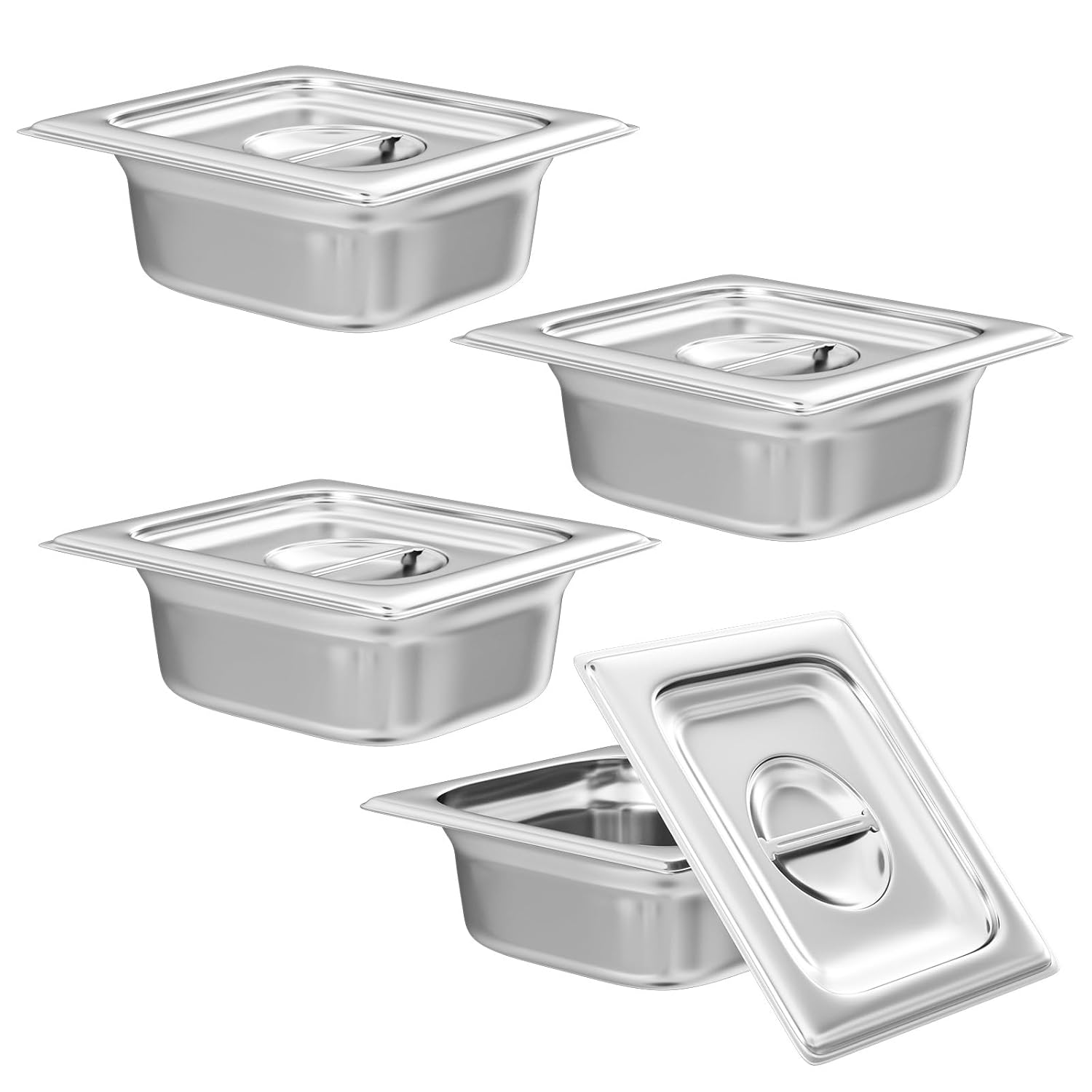 Aplancee 4-Pack Hotel Pans with Lids 1/4 Size x 6 Inch Deep, Commercial Stainless Steel Food Pan Dishwasher Safe for Buffet, Steam Table, Restaurant & Cooking