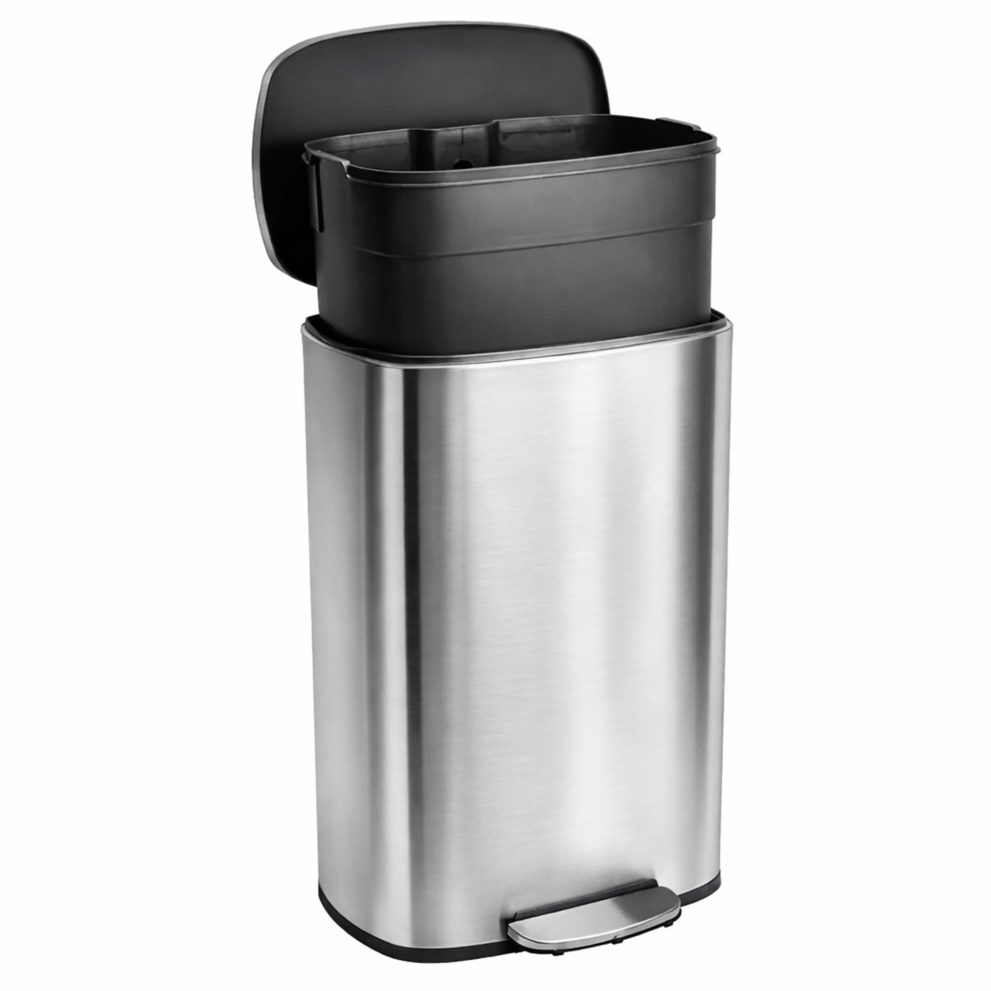 Bayt Mülleimer 50L Treteimer, Abfalleimer Edelstahl mit Deckel & Soft-Close, Rechteckiger Küchenmülleimer mit Inneneimer, Fingerprintproof Müllbehälter, Silber