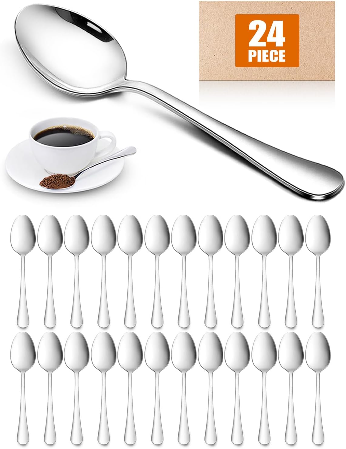 Tea Spoons (15 cm, 5.9 inches) Set of 24, Stainless Steel Polished Teaspoon Set, Small Dessert Spoons, Dishwasher Safe