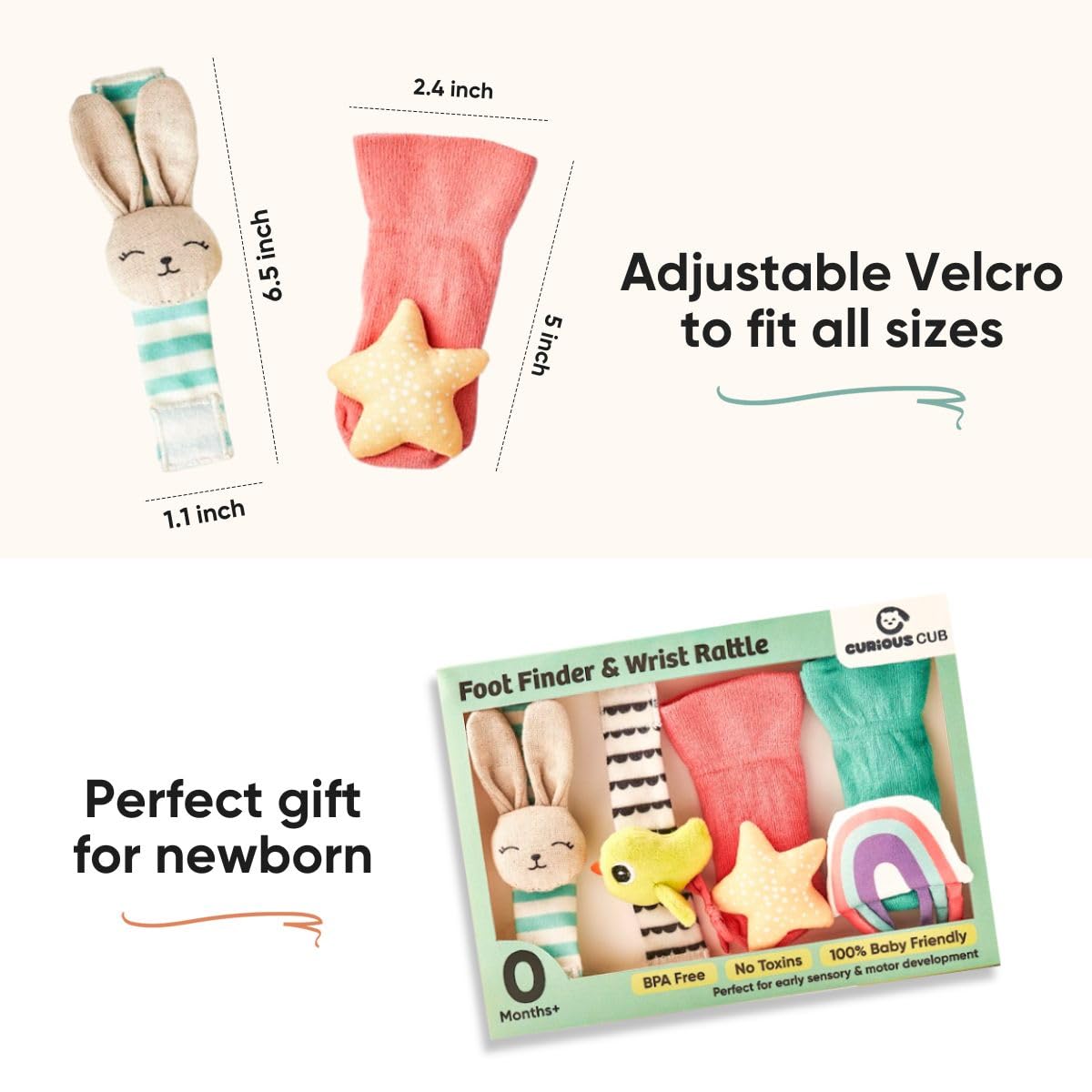 Curious Cub Wrist Rattle & Foot Finder Socks Toy Set For Baby Arm & Feet | Soft, Safe With Rattle Crinkle Sound | Ideal for 0-12 Months Toddlers | Early Developmental Sensory Toys | Newborn Baby Gift Set - Image 5 thumbnail