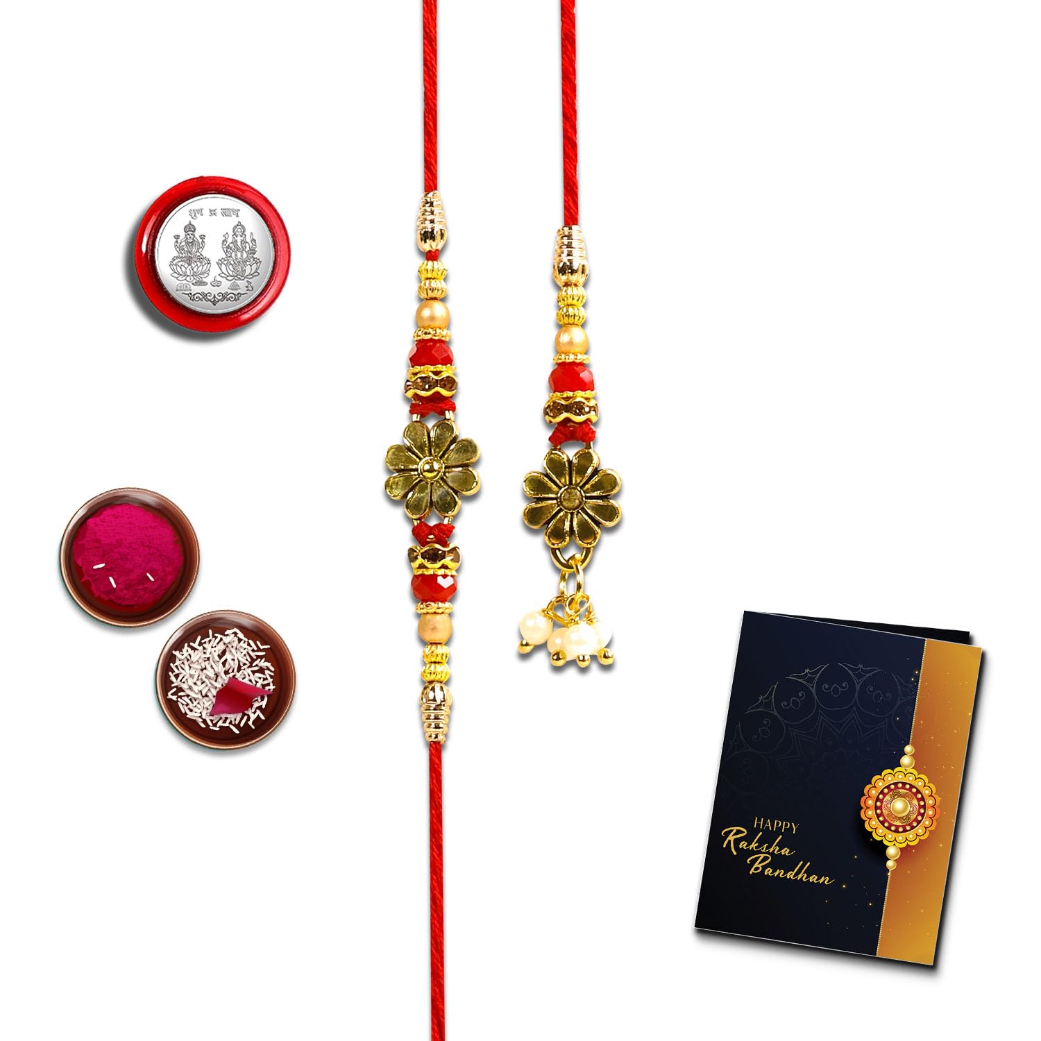 oblivion Rakhi Set for Bhai and Bhabhi –Flower Design for Bhai 1 Pc and Lumba for Bhabhi 1 Pc – Silver Color Pooja Coin and Greeting Card Combo-picture-36