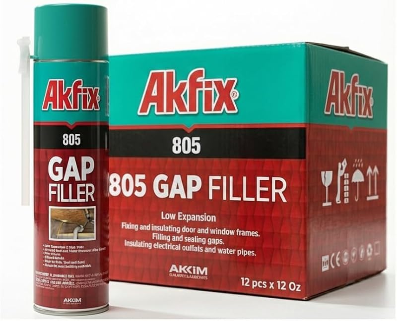 Akfix 805 Sellador de espuma expandible de poliuretano para relleno de huecos (12 x 12 onzas) - Lata de aislamiento en aerosol para huecos y grietas, sellador impermeable con pajita para ventanas y puertas | 12 onzas. Paquete de 12