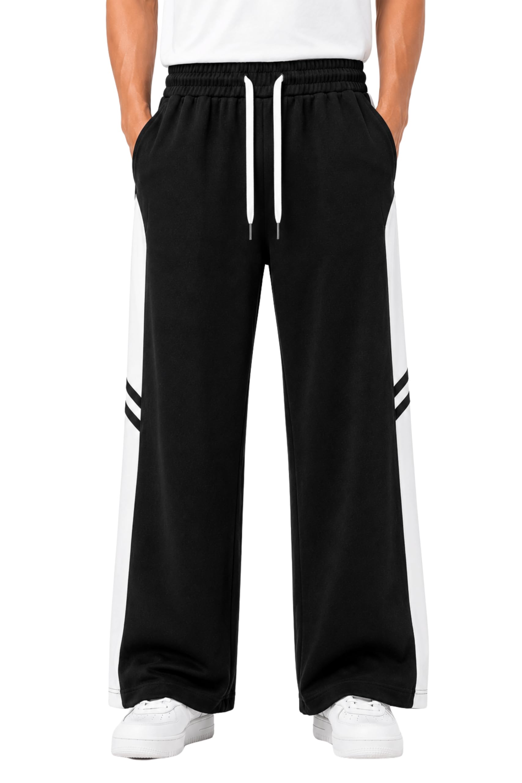 Men's Black Wide Leg Track Pants with White Side Panel | Elasticated Drawstring Waist, Cotton Fabric, Loose Fit, Side & Back Pockets, Streetwear Style-picture-25