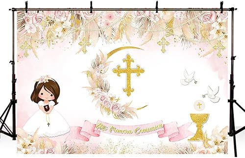 Miniatura 4 de Telón de fondo bohemio de bautismo de 7 x 5 pies para niña, Mi Primera, comunión, bautizo, fotografía, fondo de fotografía de Dios bendiga la