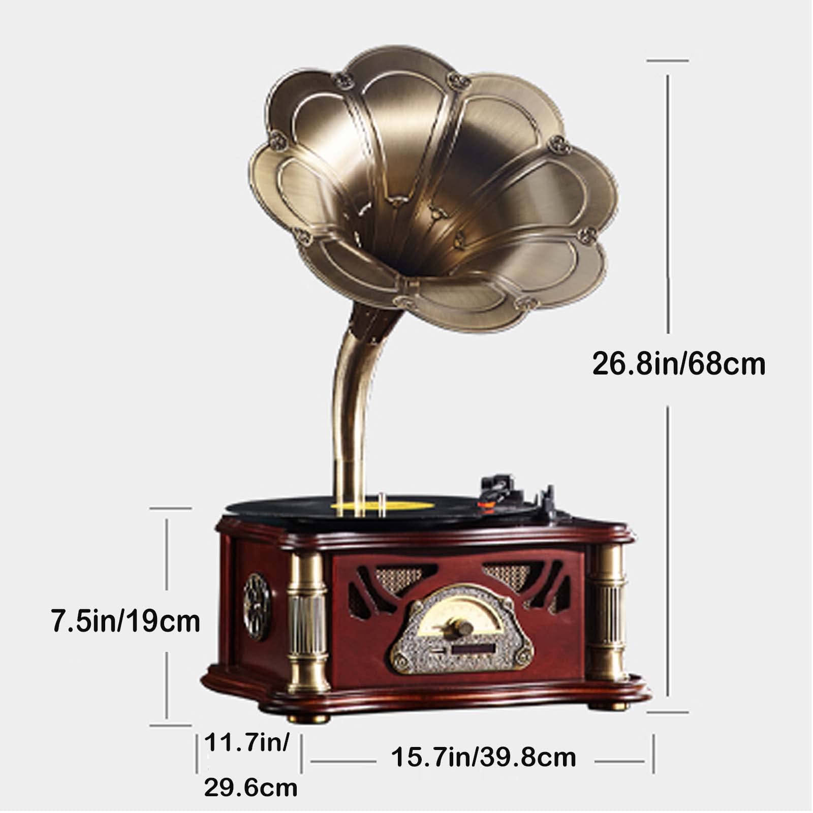 Giradischi Retrò Giradischi, Fonografo Classico In Alluminio, Giradischi In Vinile 33/45/78 Giri/min, Supporto 7"/10"/12"Dischi In Vinile, Clacson In Rame, Telecomando, Ingresso Aux-in/USB/F(Color:B)