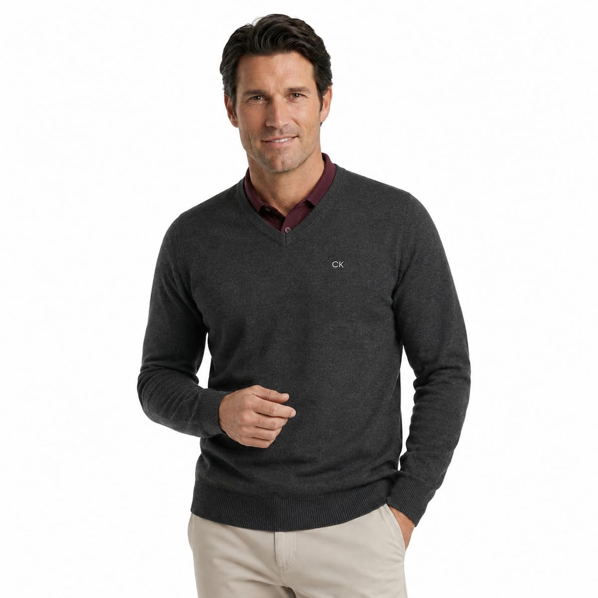 Calvin Klein Herren V-Neck Easy Care Baumwolle Pullover - Charcoal Marl - M
