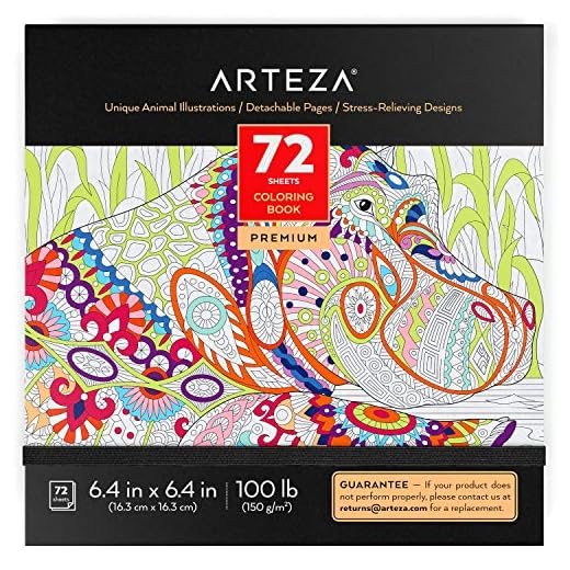 ARTEZA Libro de colorear para adultos, ilustraciones de animales, tamaño libreta de 16,3 x 16,3 cm, 72 hojas de 150 g/m², ideal para la ansiedad, relájate coloreando, hojas extraíbles