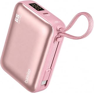 Basike Power Bank 65W, Carregador Portátil Universal 20000mAh (Rosa) | USB-C + Cabo Type-C Integrado e Removível, Carregamento Rápido PD/PPS para Samsung Séries S26-S21 e iPhone Séries 17-14