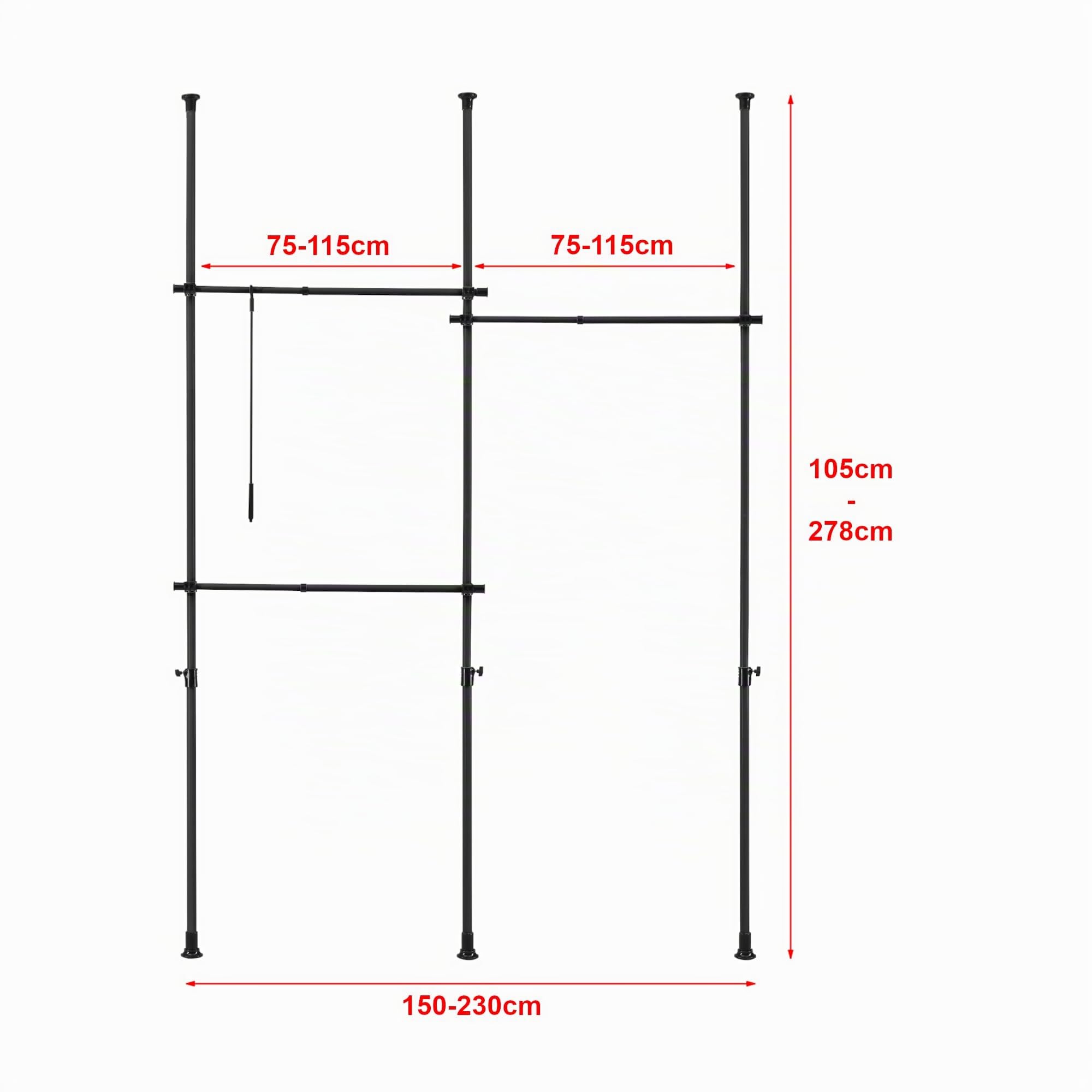 [en.casa] Appendiabiti Telescopico con 3 Aste Sistema Porta Abiti per Cabina Armadio Struttura in Acciaio Nero Regolabile in Altezza 105-278 cm e in Larghezza 150-230 cm