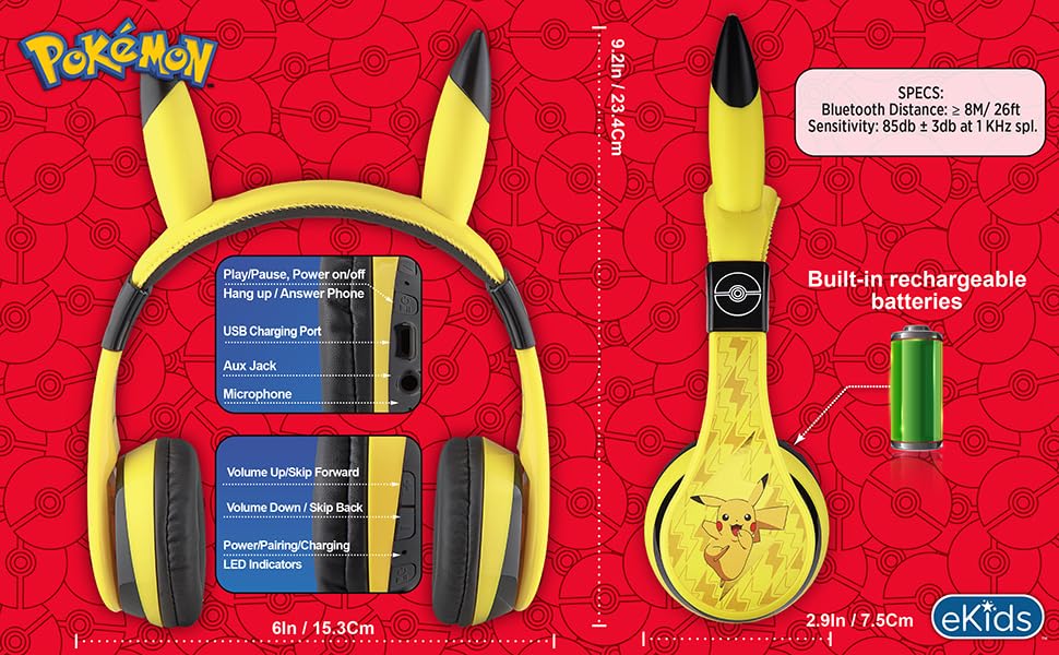 Image of eKids Pokemon Pikachu Bluetooth Kids Headphones with Microphone, Volume Reduced Wireless Headphones for School