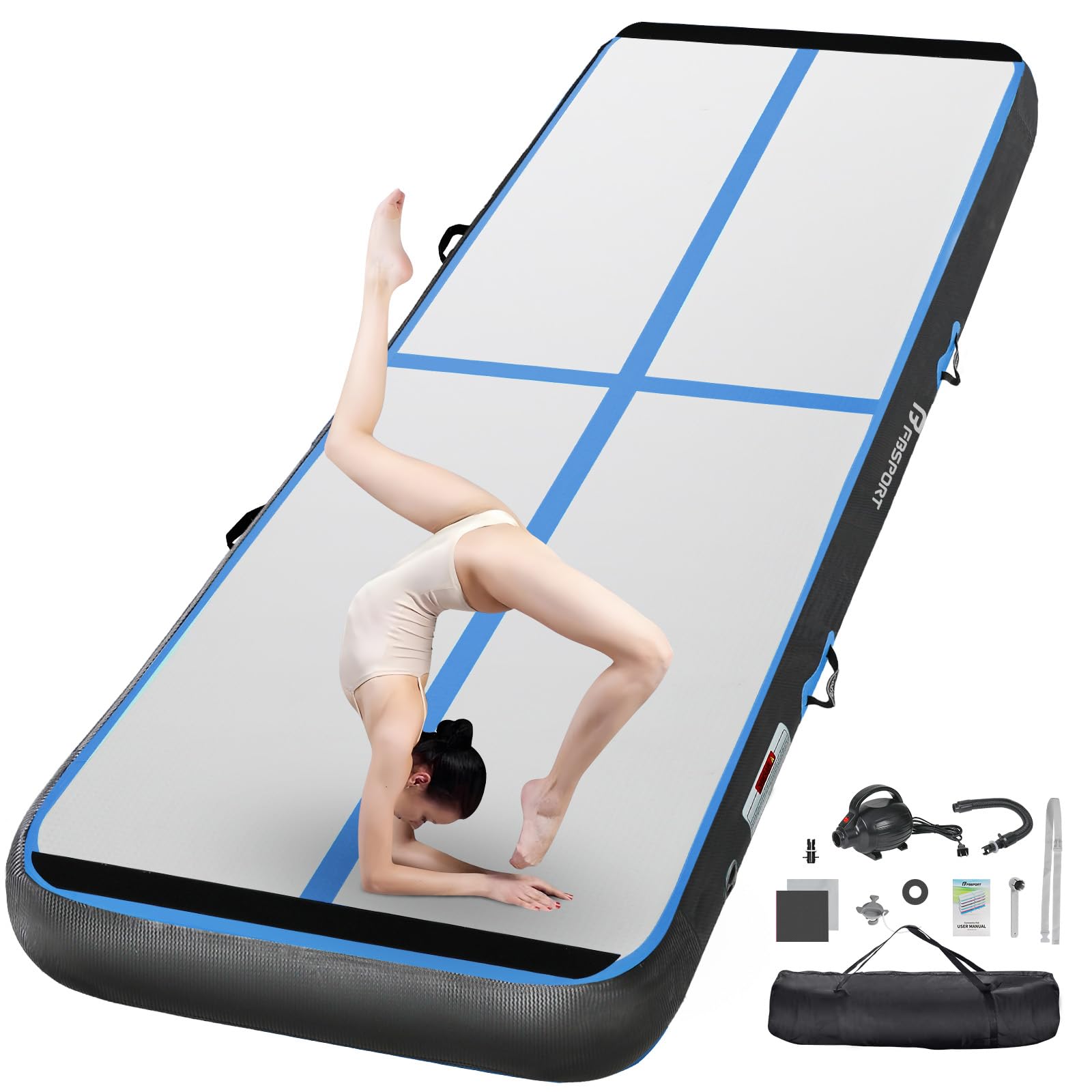 FBSPORT Inflatable Gymnastics Air Tumbling Track Mat Length 6.6ft 10ft 13ft 16ft 20ft Thickness 4/8 inches, Air Tumble Track Mat with Electric Pump for Home Use Training Cheerleading Yoga Gym Park