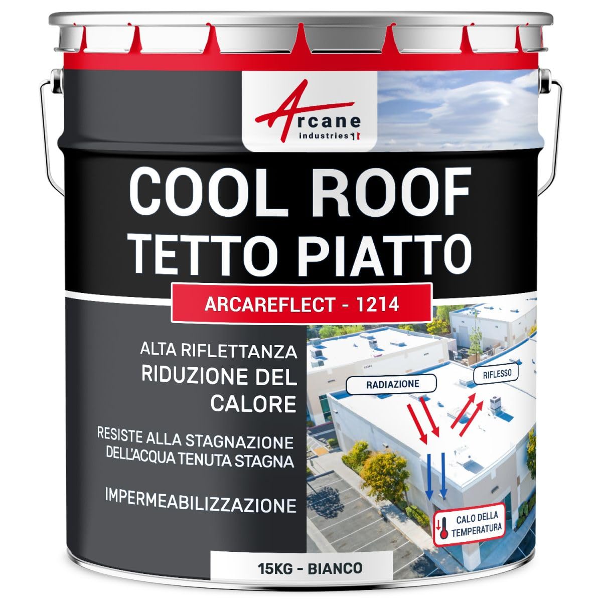 ARCANE INDUSTRIES Pittura per tetto piano, resistente al ristagno d'acqua - ARCAREFLECT - 1214-15 kg Bianco