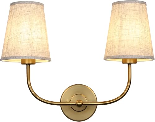 Miniatura 6 de JIMUBEAM Apliques de pared de 2 luces con embudo de tela de lino, lámparas de pared de doble luz para dormitorio, sala de estar, tocador, baño,