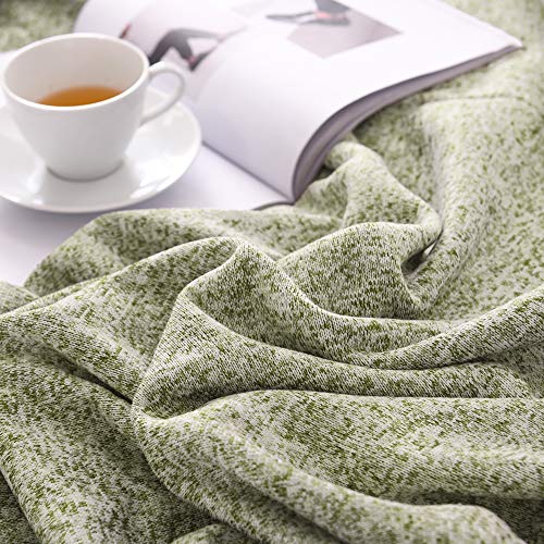KAWAHOME Knit Blanket Lightweight Breathable Fuzzy Heather Jersey Thin Blanket for Couch Sofa Bed Queen Size 90 X 90 Inches Green and White
