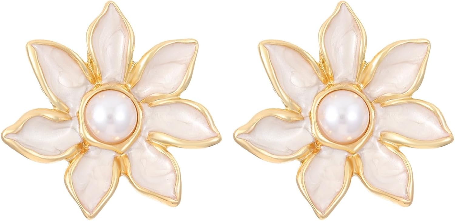 Pearl Flowers Earrings for Women,Vintage Colorful Dripping Oil Flower Earring Statement Embedded Pearl Flowers Earrings Summer Simplicity Jewelry - Image 5