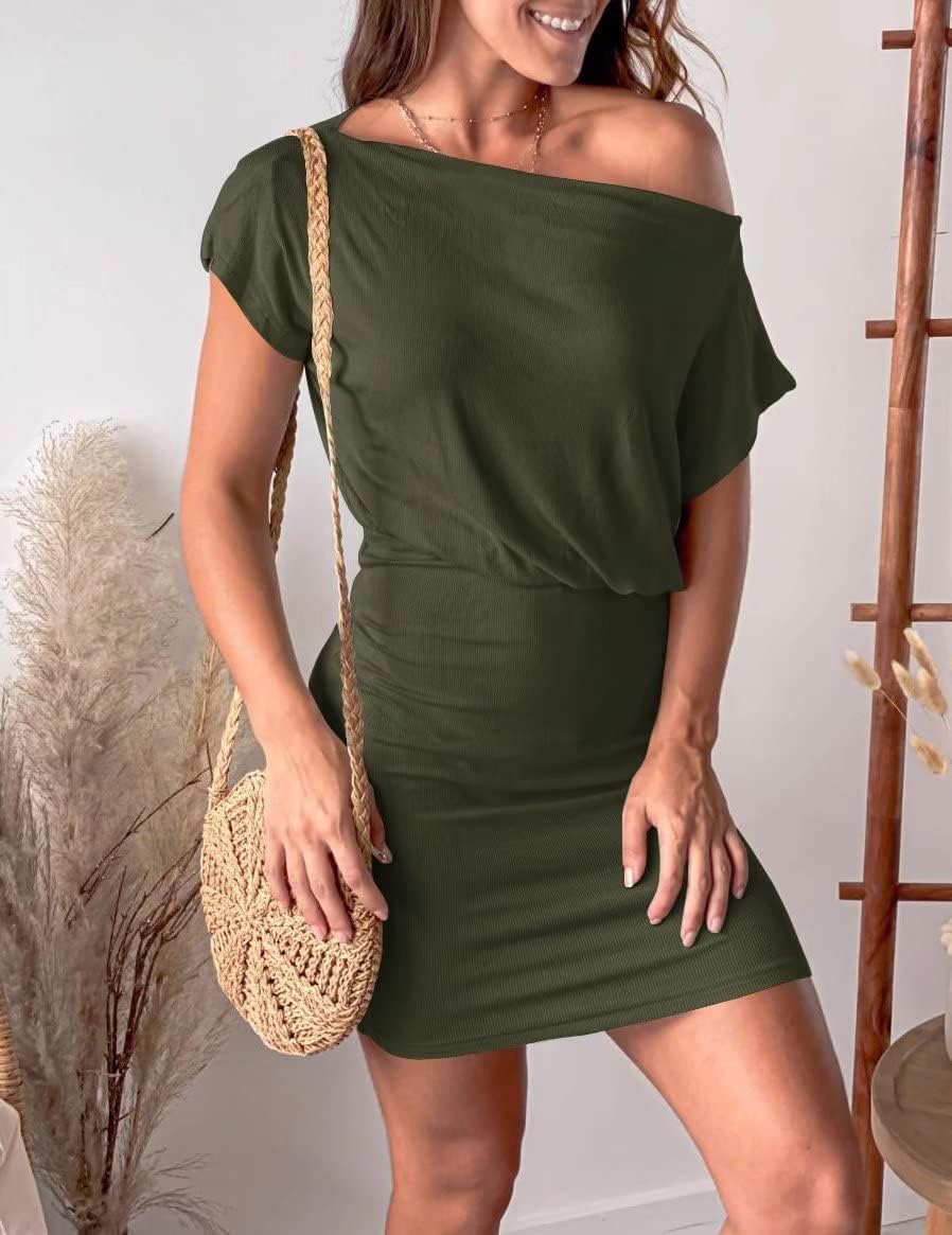 EZBELLE Women's Off The Shoulder Short Sleeve Ribbed Casual Summer Hips-Wrapped Bodycon Party Mini Batwing Dress - Image 3