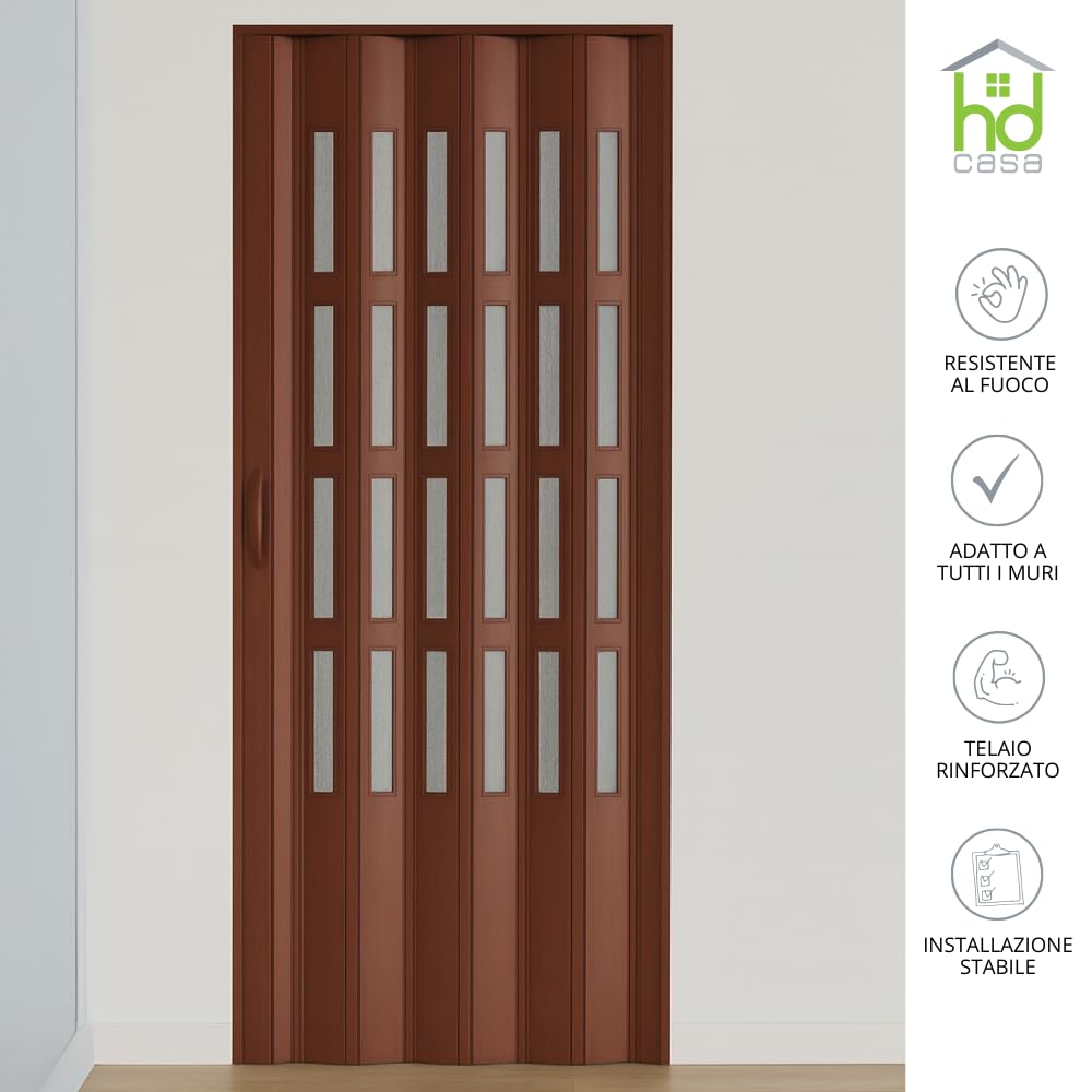 HD CASA Porta a Soffietto Modello Extra Standard, in PVC con Vetri Trasparenti, Reversibile e Regolabile in Altezza e Lunghezza, Fai da Te, Made in Italy, arredo casa, Noce 82x210 cm