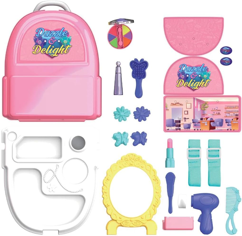 Dazzle & Delight Kids Beauty Spa Playset with Backpack Case – 19-Piece Pretend Makeup Set with Brushes, Mirror & Salon Accessories | Toy Makeup Pretend Playset Includes Brushes, Mirror, Nail Polish Bottles, Hair Clips and Salon Accessories for Creative Play