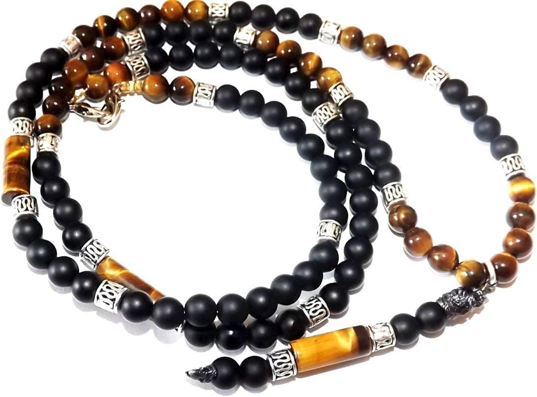 Liliya Jewelry Men’s Tiger Eye Rosary Necklace 28.5 Inch – Long Y Lariat Natural Gemstone Beads – Boho Tribal Surfer Jewelry – Protection Amulet & Statement Gift for Him