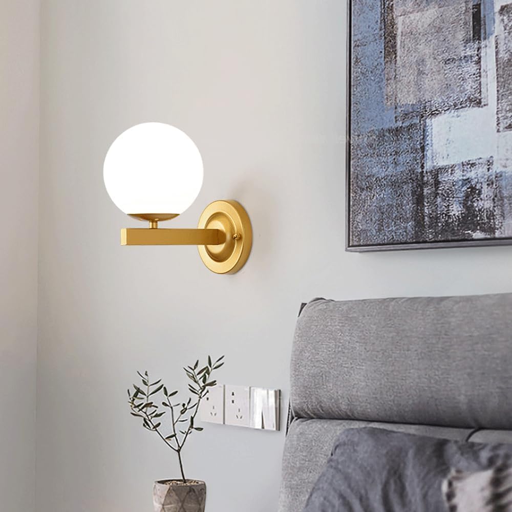 Modern Home Decoration Matte Black Globe Wall Sconce Electric Milk Glass Wall Mounted Light Mid Century Modern Wall Lamp Indoor Frosted Ball Bathroom Vanity Light for Farmhouse Bedroom