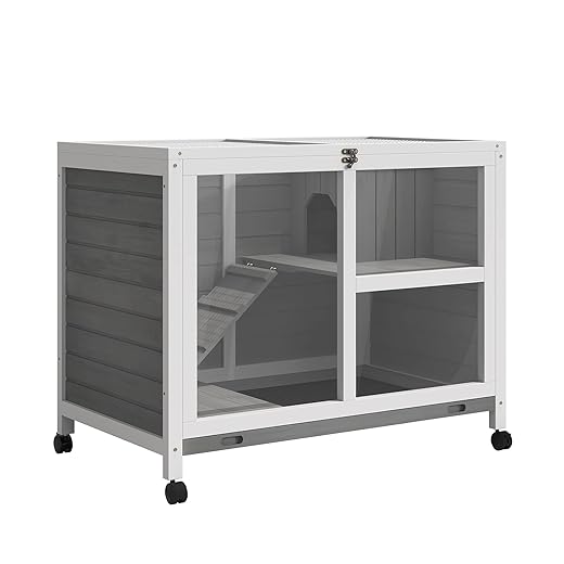PawHut Cage à Lapin clapier sur roulettes Petit enclos Animaux en Bois Massif 2 étages Toit ouvrant Plates-Formes 91,5 x 53,3 x 73 cm Gris