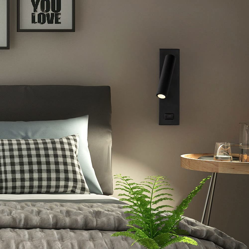Wandleuchte, Einstellbarer Wand Sconce 2 Packungen Schlafzimmer Nachts Leselampe, Hardwired Wall Sconcet Schalter, Modernes Indoor-Kopfteilbeleuchtung, Usb-Ladeanschluss S/Black-6000K