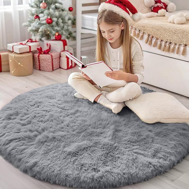 Image of Carpets for Living Room 7x7 Feet Round, Grey Color, Microfiber, Anti Skid Rug