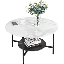 FATIVO Round Coffee Table 80cm Large Marble Table Sleek Centre Accent Table Genuine Sintered Stone Table White and Black Marble Top with Matt Black Frame Designed 2-Tier Coffee Table for living room