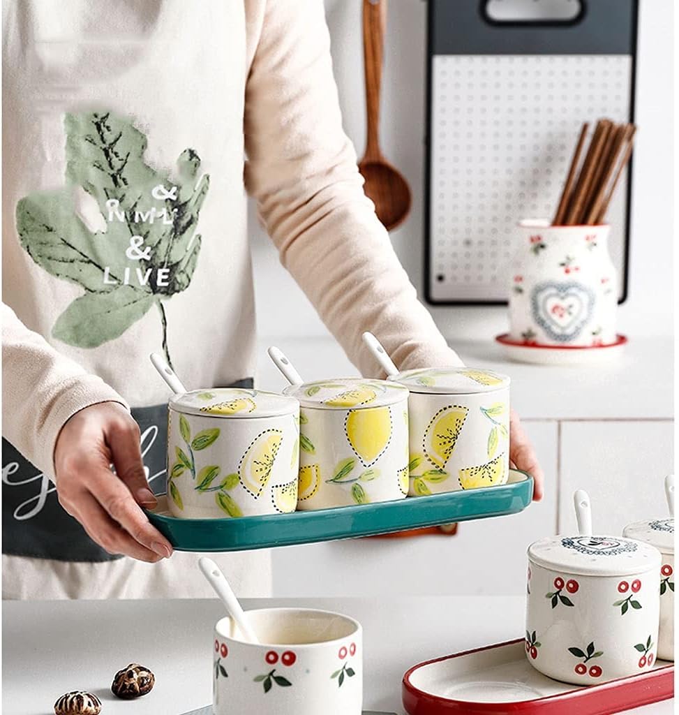 CMBSSTFC Barattoli per Condimenti, Contenitore per Sale da Cucina, Set di Contenitori per Condimenti in Ceramica con Coperchio A Cucchiaio E Vassoio, Scatola per Condimenti Stampata, Bottiglia di