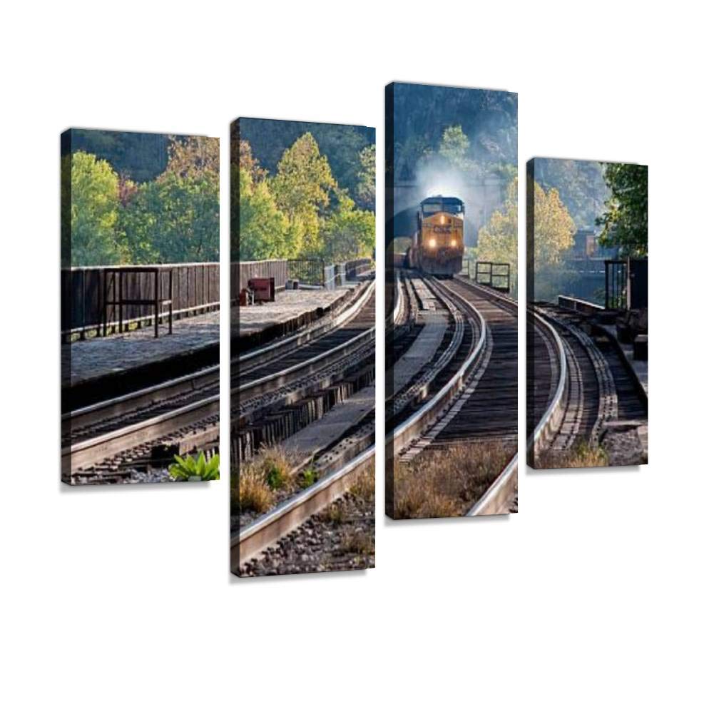Train Coming Through a Tunnel Canvas Wall Art Hanging Paintings Modern Artwork Abstract Picture Prints Home Decoration Gift Unique Designed Framed 4 panel