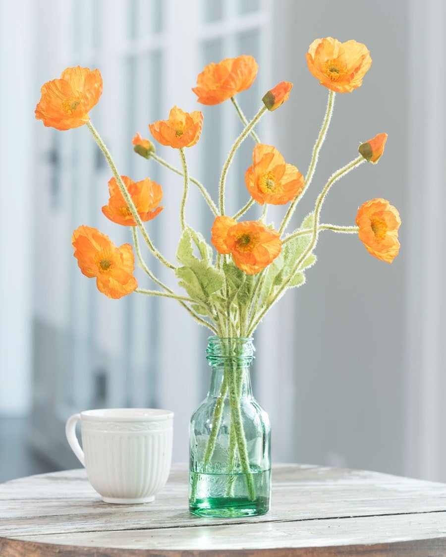 Petals - Orange California Poppies Silk Flower Arrangement in Green Glass Bottle - 16" Height x 12" Width