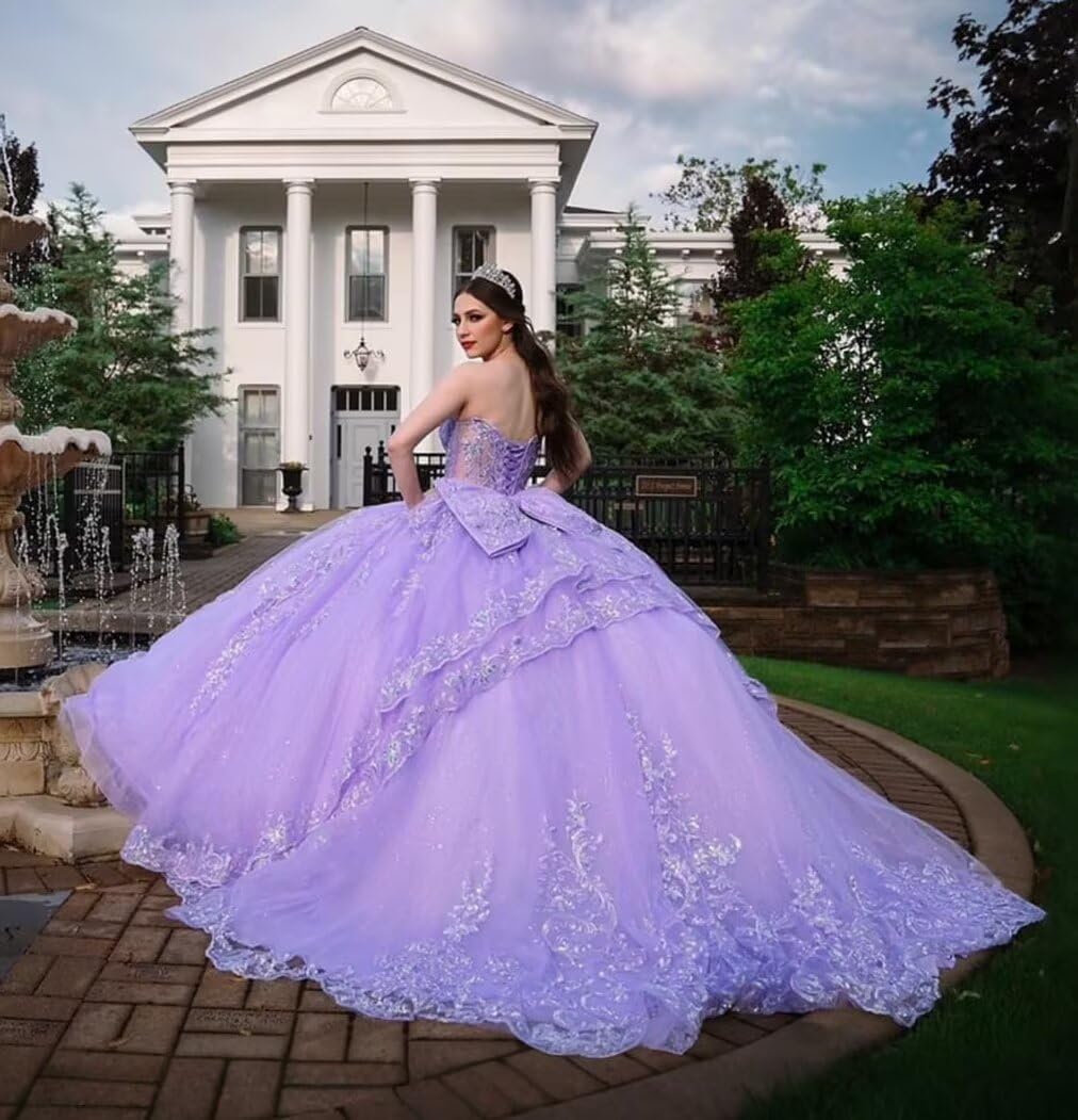 Zhangyo Puffy Sleeve Quinceanera Dresses Sparkly Tulle Sweet 15 16 Dresses with Bow Gorgeous Gold Applique Ball Gown
