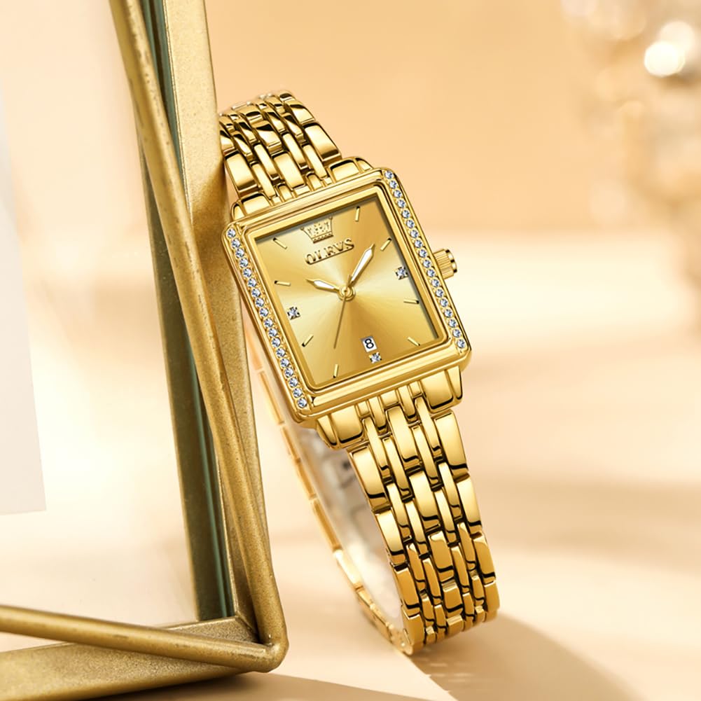 OLEVS Reloj Mujer, Rectangular Acero Inoxidable Analógico de Cuarzo Mujer de Reloj, Clásico Diamantes con Fecha Relojes, Pulsera Esfera Grande