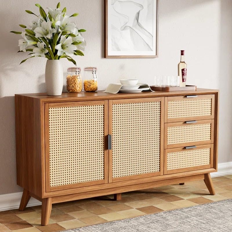 TGF Furniture Store Modern Wooden Sideboard Cabinet – 3 Drawers and 2 Doors with Cane Webbing – Walnut Finish Buffet Table for Living Room, Dining Room, or Entryway-image-15