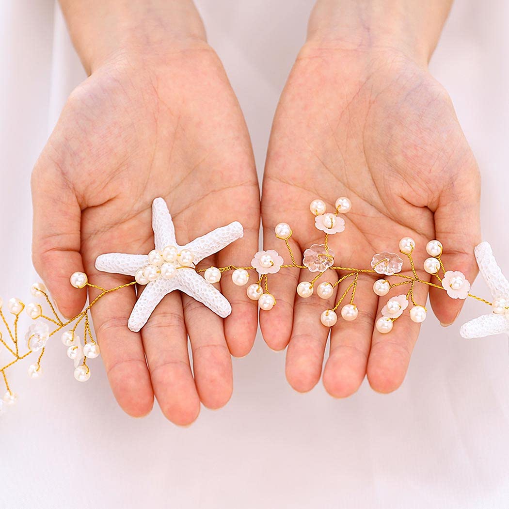 CASDRE Starfish Bride Wedding Hair Vine Pearl Bridal Headpiece Beach Wedding Hair Accessories for Women and Girls(C Gold) - Image 3