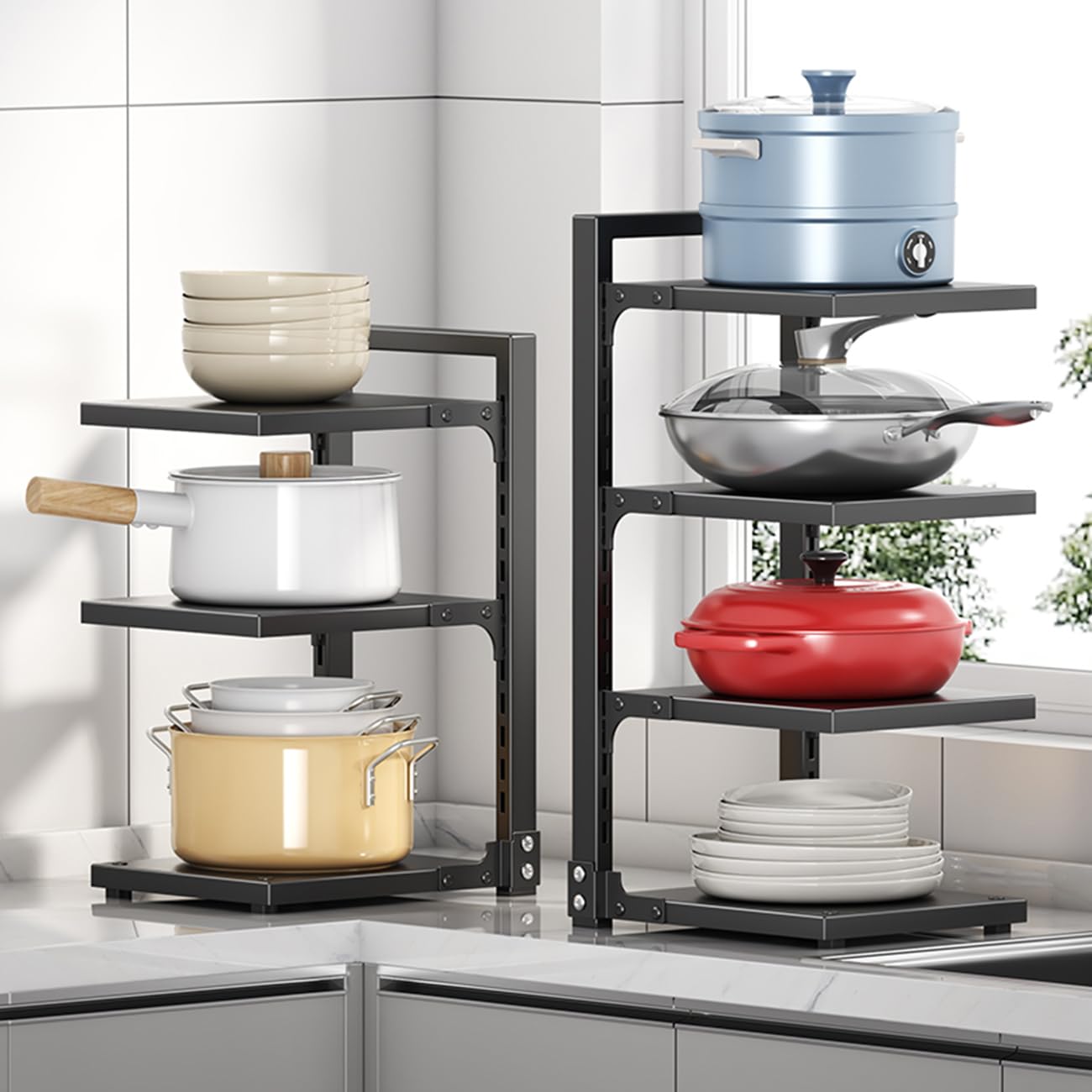 Porta Pentole Salvaspazio con Multistrato Scomparti Regolabili, Organizer Pentole E Padelle, Organizer per Pentole per Organizzazione E Conservazione della Cucina,Nero,3Tier