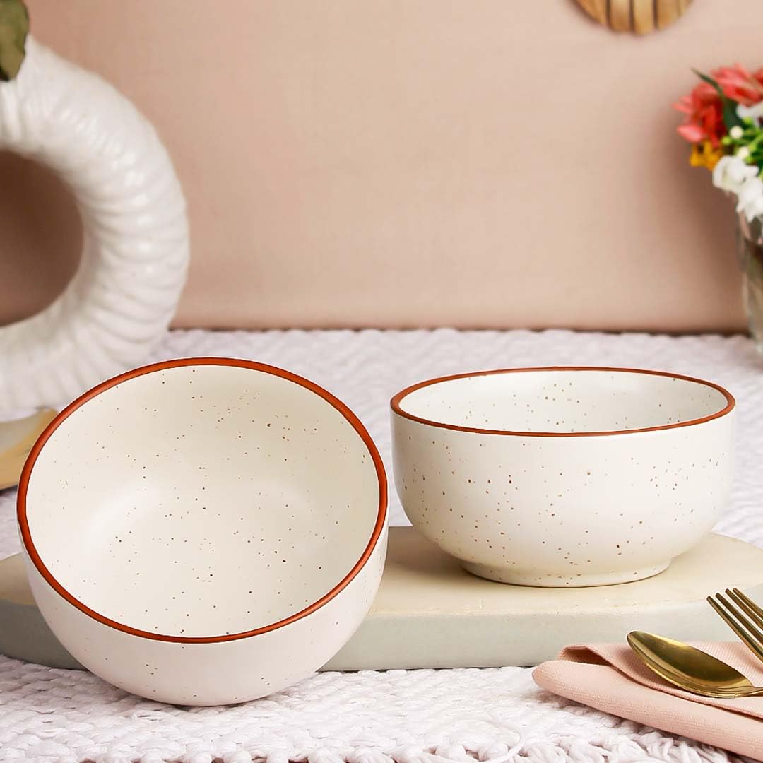 The Earth Store White Marble Ceramic Snack Bowls Set of 2 for Serving Pasta, Noodle, Maggi, Cereal Microwave Safe Salad Bowl, Mixing Bowl for Snacks