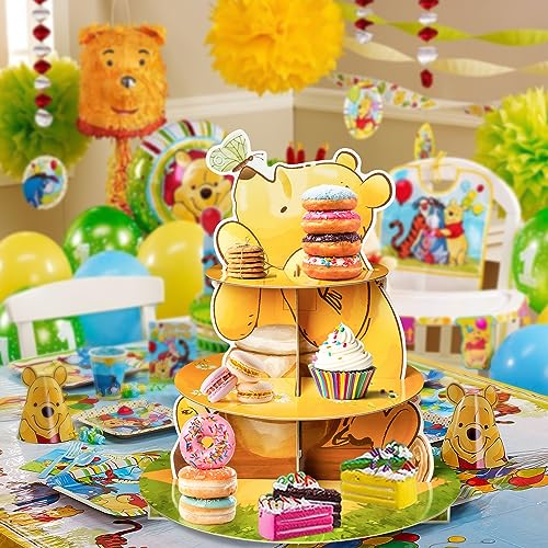 Z1juce Winnie Themed Cupcake Stand - 3 Tier Winnie Party Dessert Holder Bear Theme Cardboard Cake Stand for Birthday Party Decorations Bear Cupcake Display for Boys Girls Baby Shower Party Supplies by Z1juce - Image 2