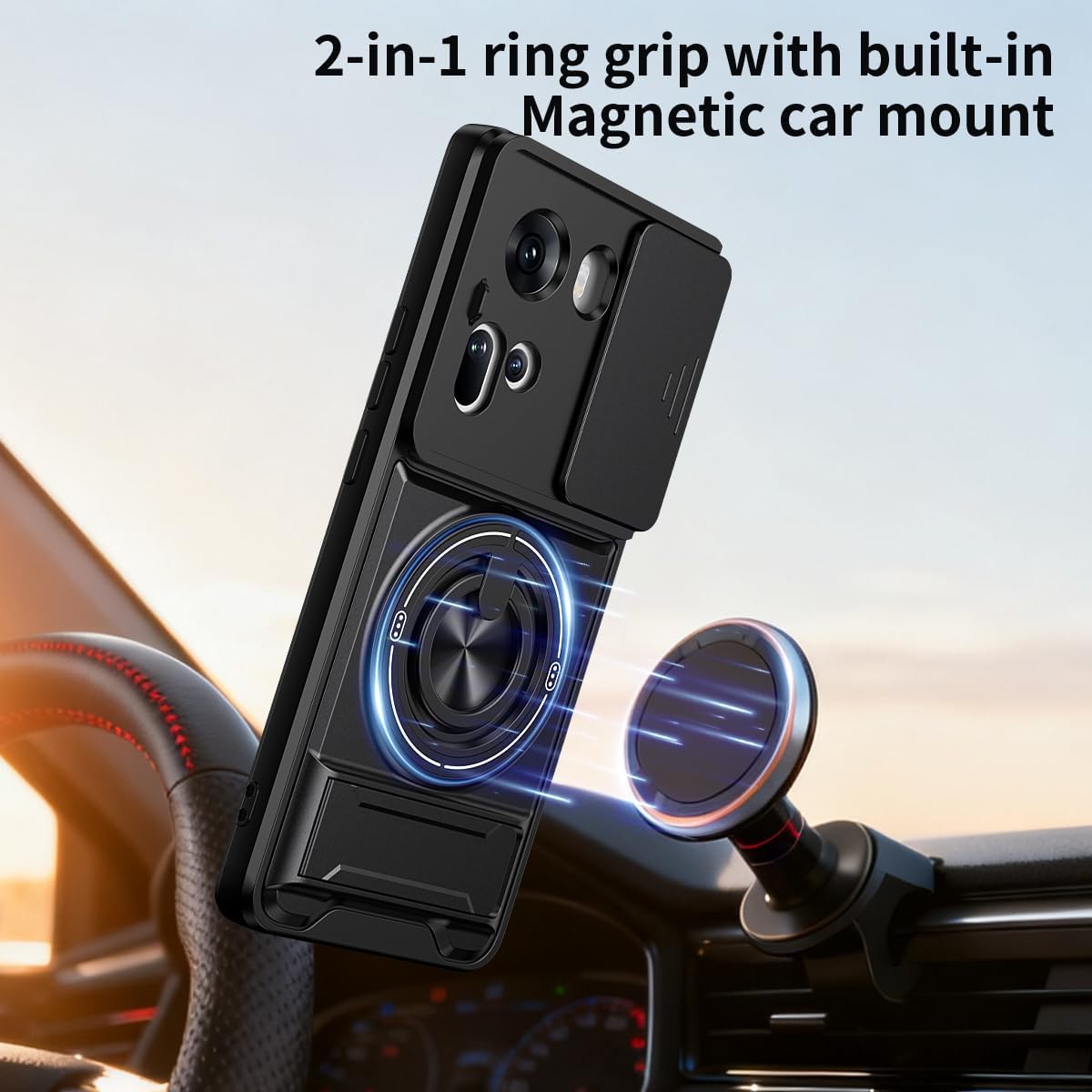 for Oppo Reno11 5G Case Built in Camera Lens Cover+2PCS Screen Protector+Finger Ring Holder Kickstand,Heavy Duty Shockproof Phone Cover (Oppo Reno11 5G,Red)