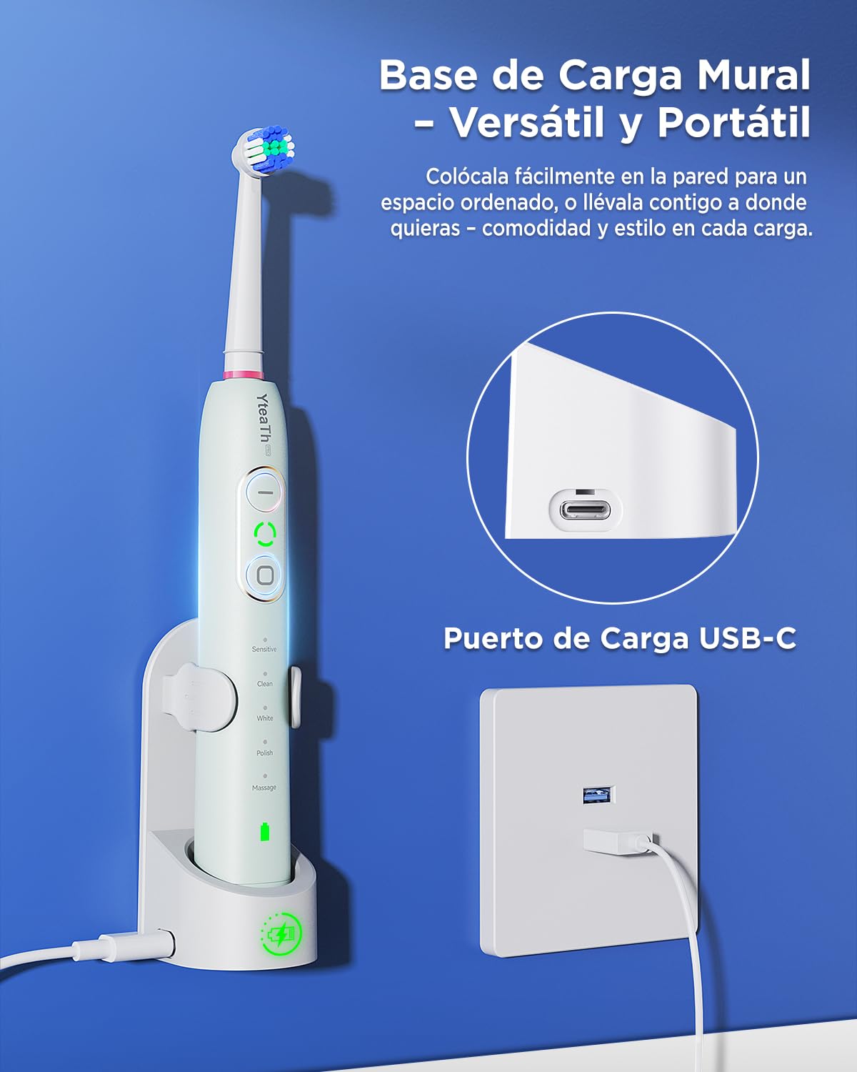 Cepillo de Dientes Eléctrico de Rotación para Dientes Sensibles - Cepillo Eléctrico Adultos 3 Intensidades, 5 Modos, 8 Cabezales, IPX7 Impermeable, Cepillo Dientes Electrico Viaje, Verde Claro