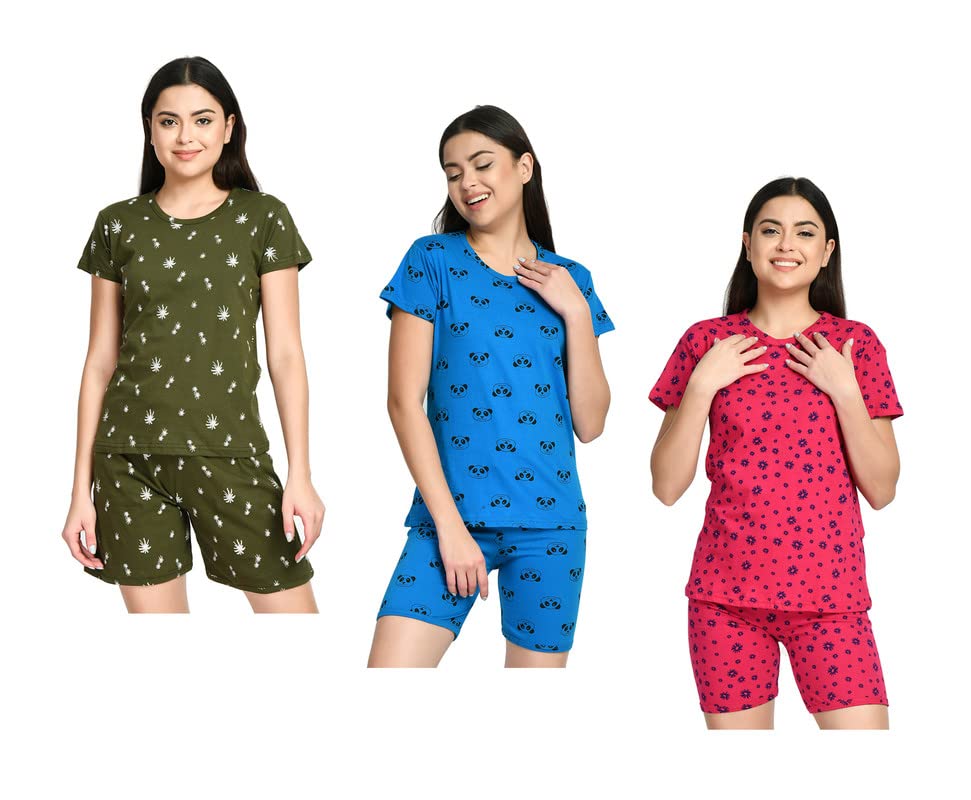 Image of IndiWeaves Cotton Printed Tops and Shorts Set Night Suit for Women (Pack of 3) Green::Blue::Red