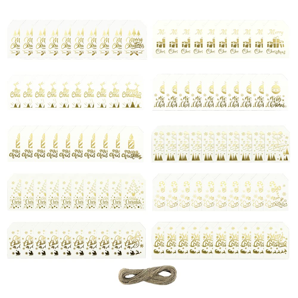 100-Pack Christmas Gift Tags With Jute Twine - White Gold Kraft Paper Tags For Holiday Wrapping