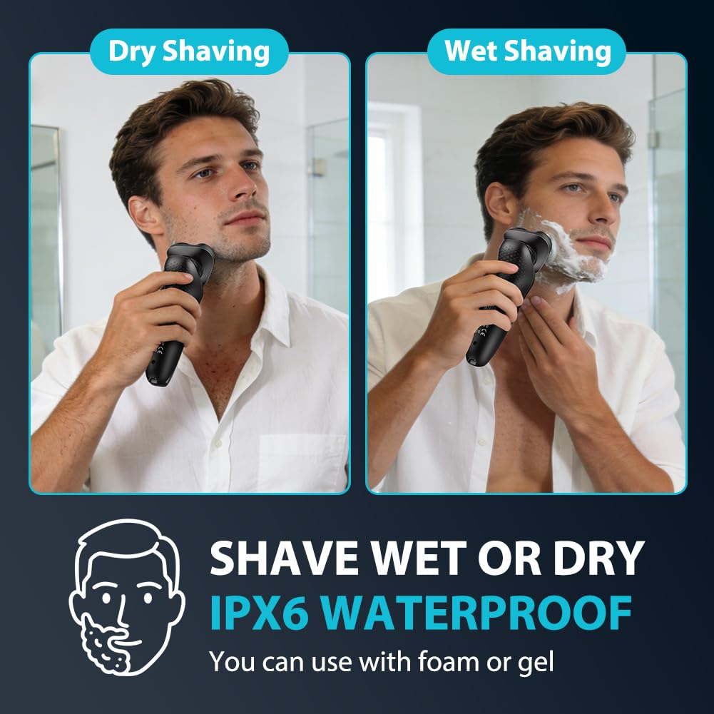 Aolso Afeitadora Eléctrica Hombre,3 in1 Afeitadora Eléctrica,Máquina de Afeitar Barba con Cortapatillas,Shave IPX6 Seco Húmedo Afeitadoras Hombre con Cabezal Flotante 4D para Padre,Novio,Marido o Hijo