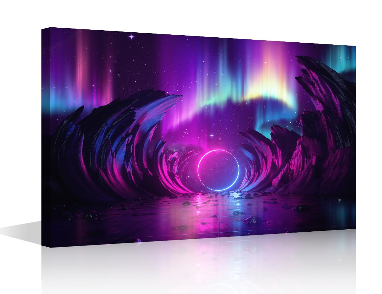TISHIRON Neon Light Wall Paintings for Living Room Cosmic Landscape Modern Office Wall Art Aurora Borealis Large Wall Decor for Bedroom Artwork Giclee Wall Decoration Framed Ready to Hang