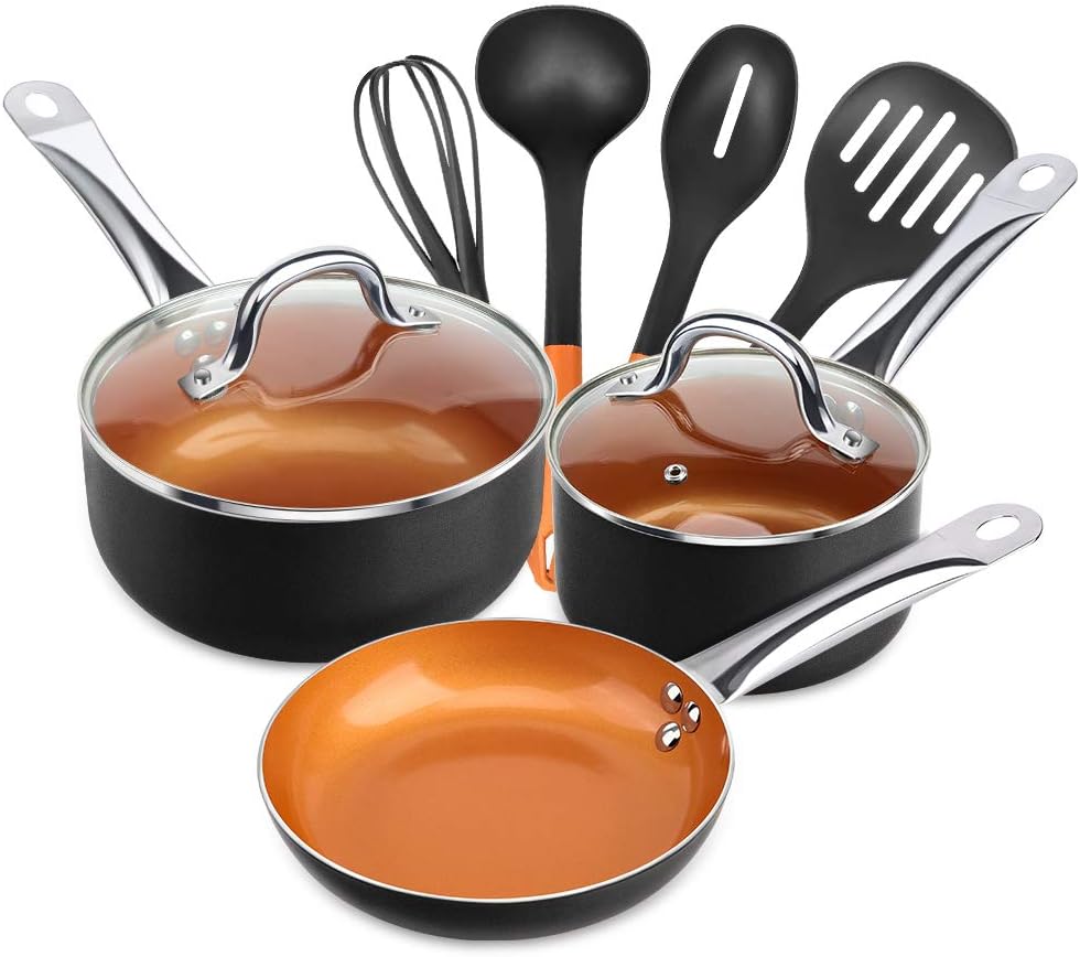 SHINEURI 9 Pieces Copper Nonstick Pots Pans Ceramic Cookware Set Copper Pots and Pans Nonstick Cookware, 4 Set Cooking Utensils