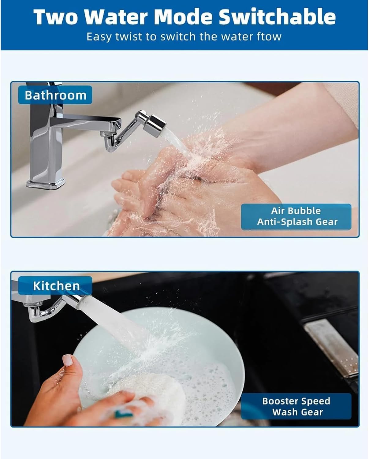 Extensor de grifo giratorio, aireador giratorio de 1440° para fregadero de cocina y baño, ahorro de agua multifuncional de 2 modos, fácil instalación, control de ángulo versátil, 1 unidad