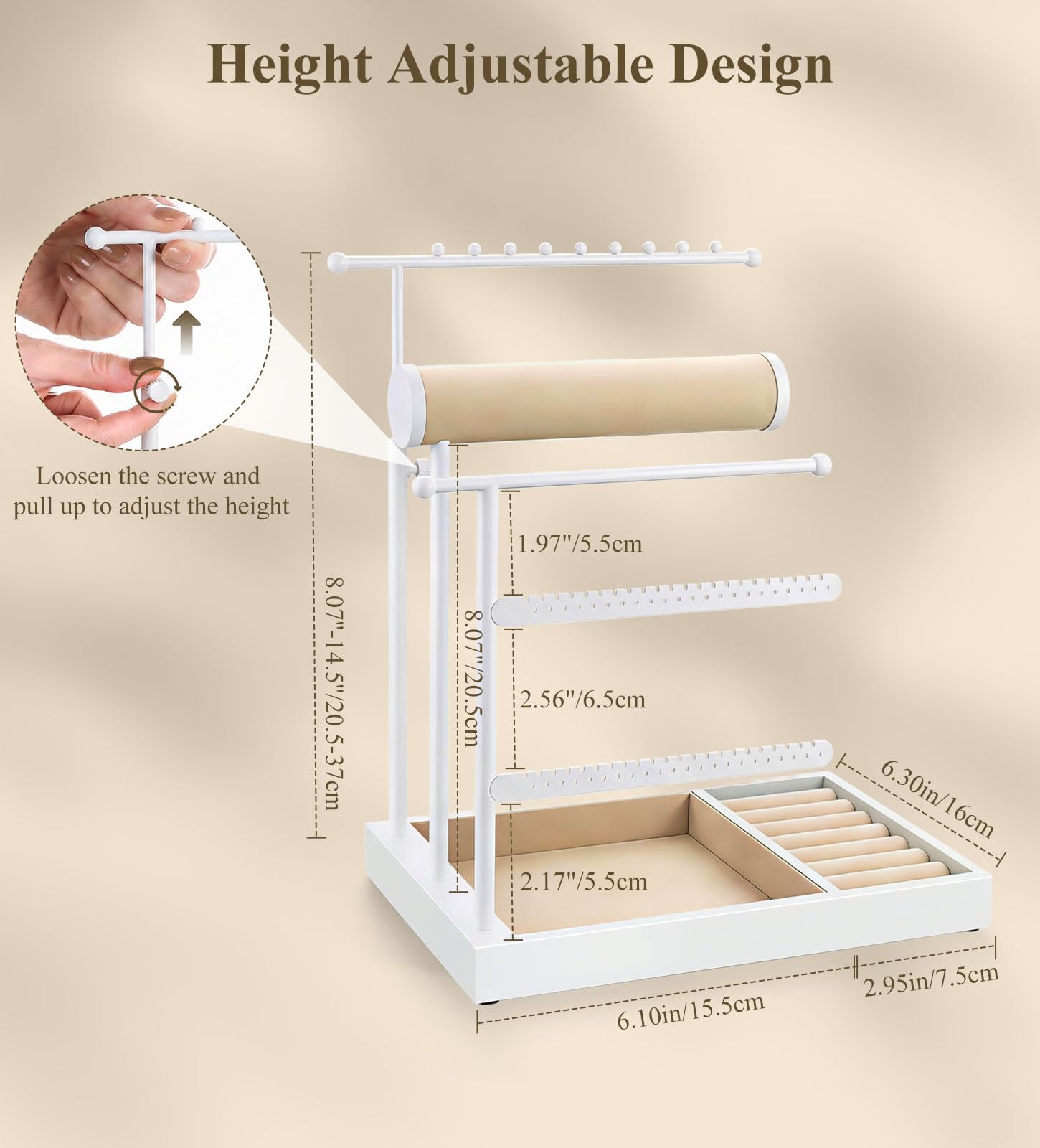 Emibele Sostenedor Collares Organizador Joyero Soporte Con Bandeja Terciopelo Organizador Joyero Torre Para Pendientes Brazaletes Y Collares Elegante Torre Joyero Regalos Para Mujeres, Blanco
