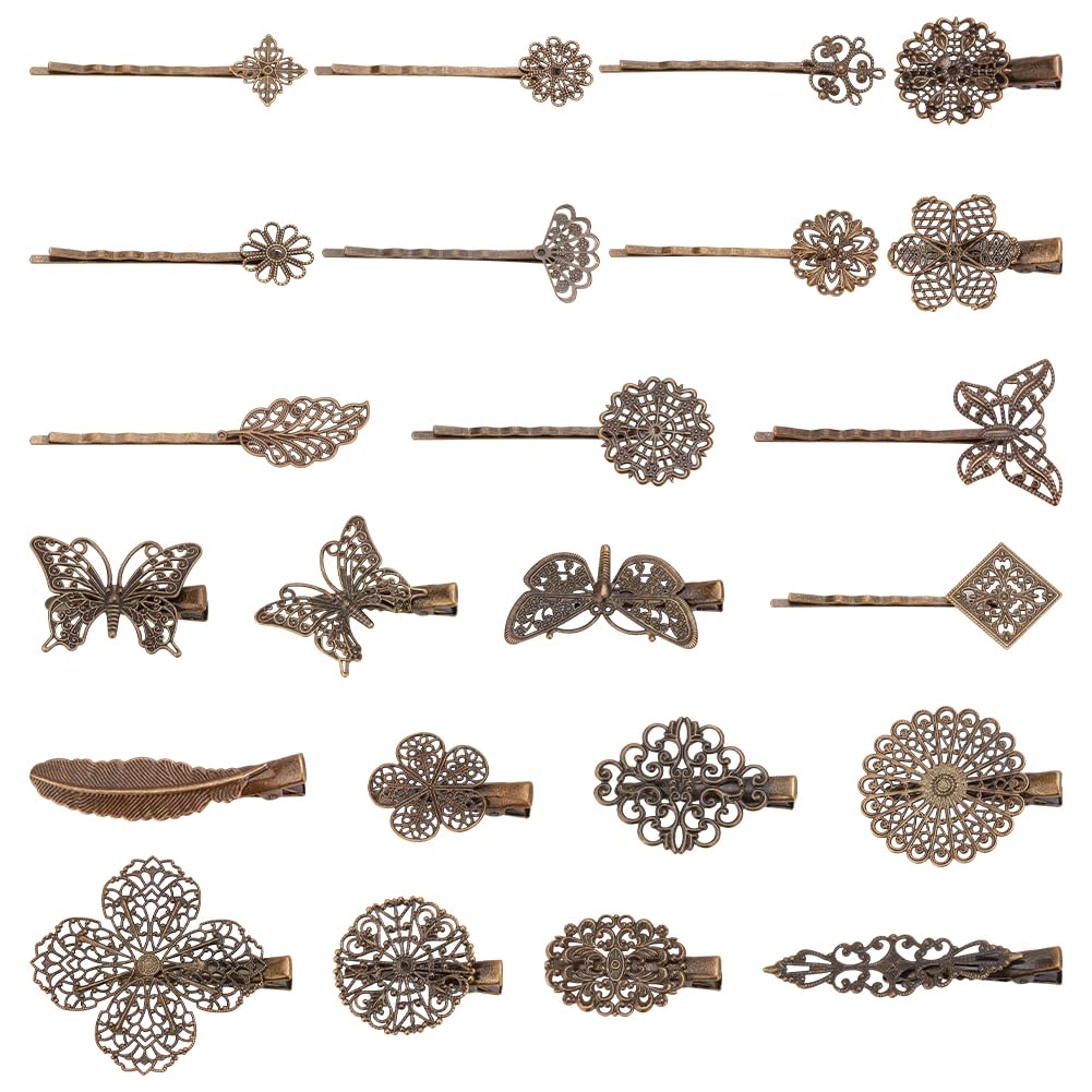 PH PandaHall 23Pcs Barrette Cheveux Femme Barrette Cheveux Vintage, Pince pour Cheveux Court Barrettes à Cheveux Pince Feuille Fleur Papillon en Laiton pour Décoration Cheveux Femme, Bronze Antique